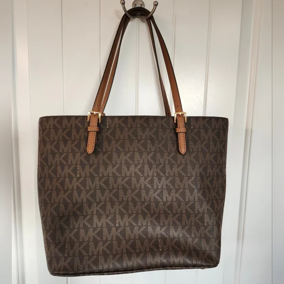 Michael Kors Jet Set Bag Purse 35S6GTTT3B Brown Tan Beige Cream Gold MK Logo - Picture 3 of 9